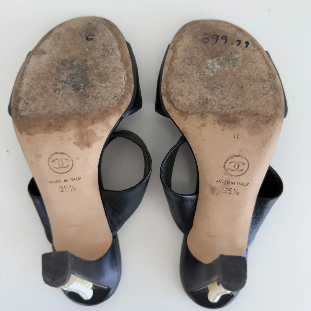 CHANEL‎ Pearl Heel Mules 35 1/2 Black Leather Double Strap Slide Heeled Sandals
